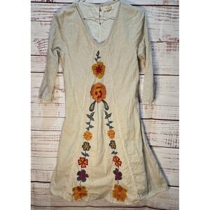 Roolee Womens‎ XS Embroidered Floral Pinstripe Boho V-Neck Smocked Dress